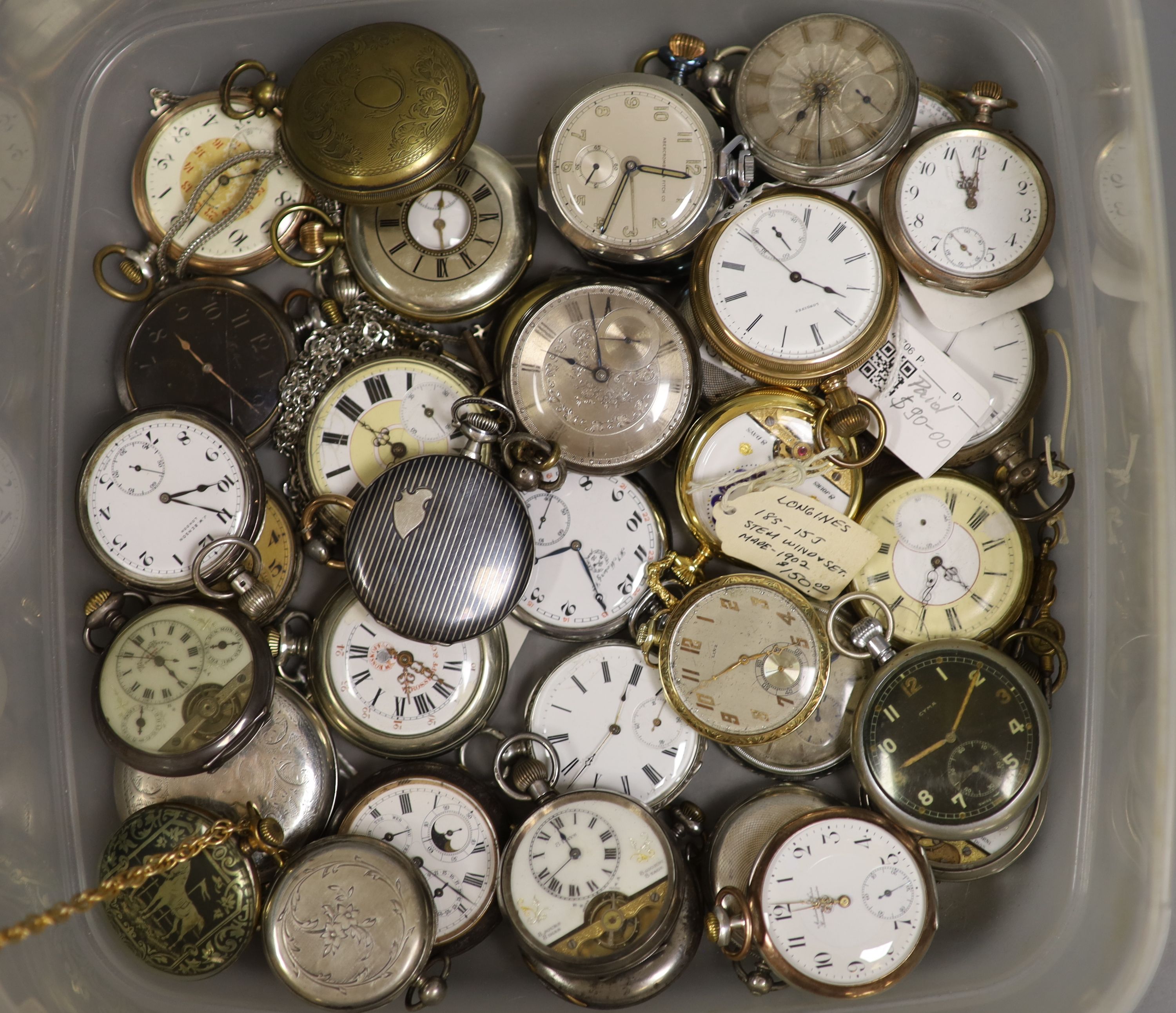 A collection of assorted mainly white or base metal pocket watches, some a.f. including Cyma and Hebdomas and a part silver pair cased pocket watch by Tanner of Lewes.